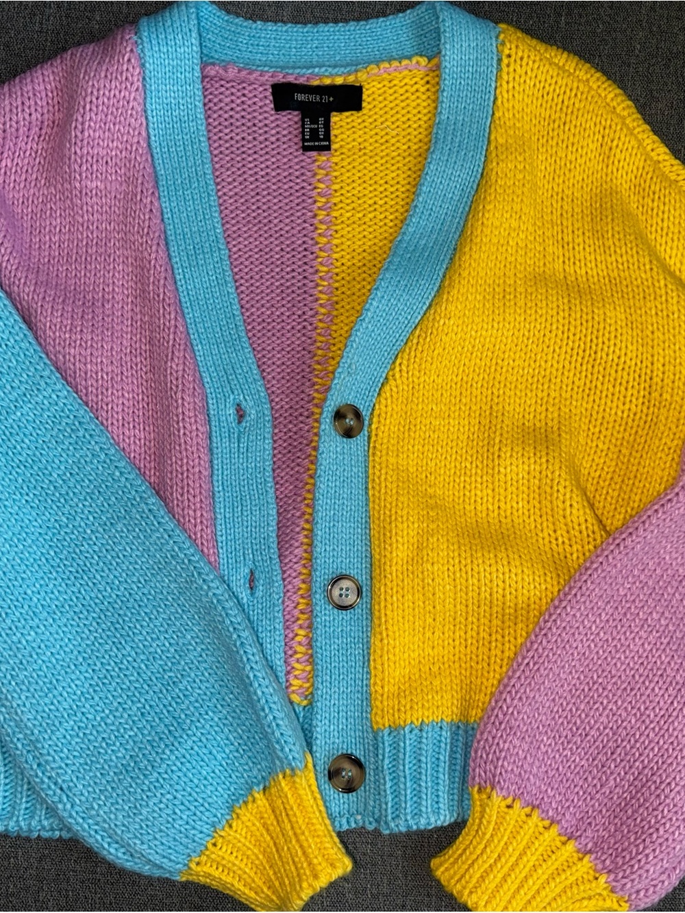 Forever 21 Yellow Pink Blue Colorblock V-Neck Cardigan